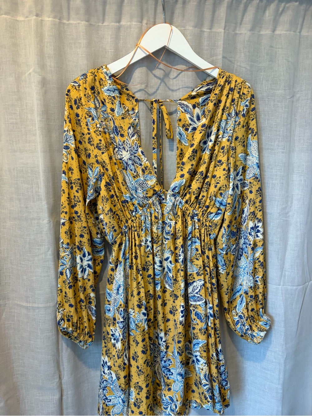 Free People Floral Satin Dress V-Neck Long-Sleeve